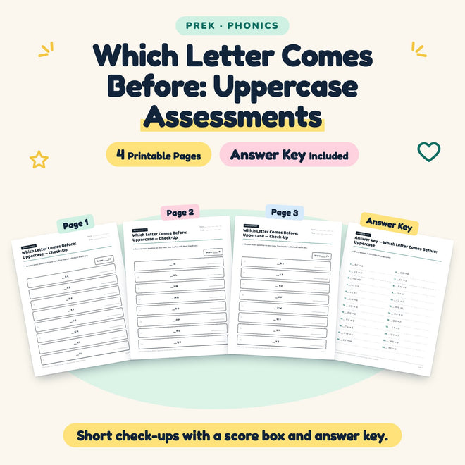 4 Which Letter Comes Before: Uppercase Assessments — cover