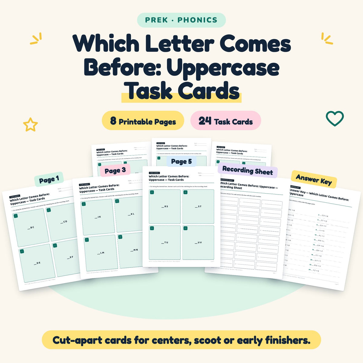 24 Which Letter Comes Before: Uppercase Task Cards — cover