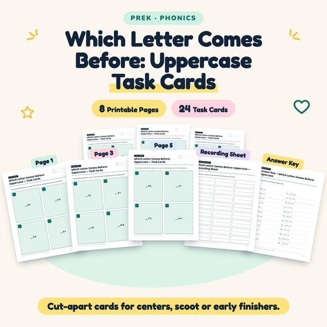 24 Which Letter Comes Before: Uppercase Task Cards — cover