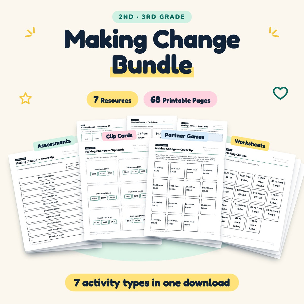 Making Change Bundle | 2nd–3rd Grade (7 Resources, 68 Pages) — cover