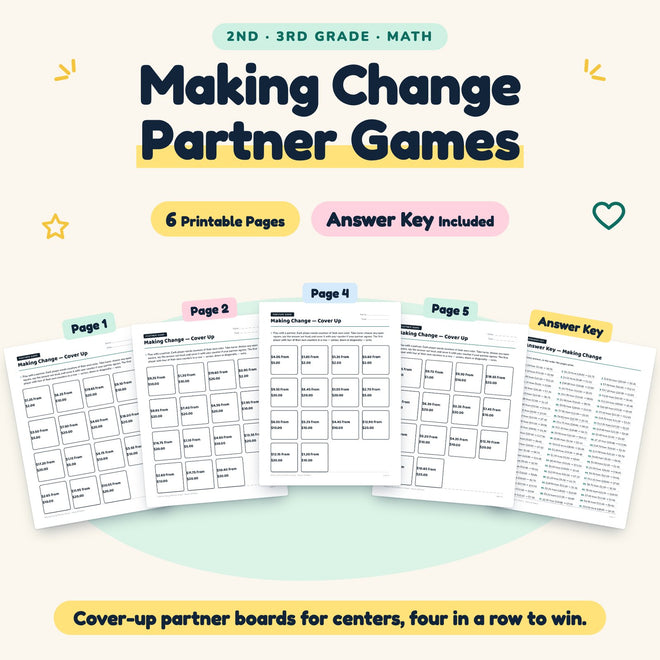 Making Change Partner Games | 2nd–3rd Grade Math (6 Pages) — cover