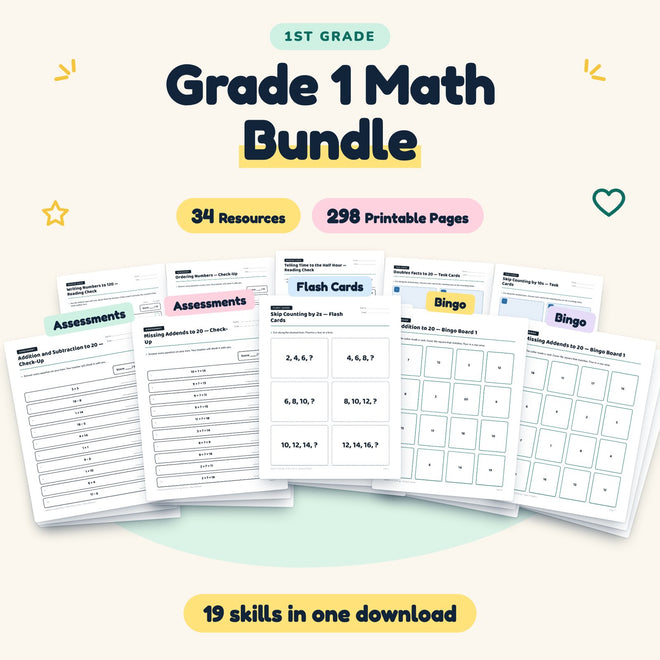1st Grade Math Worksheets MEGA BUNDLE (40 Resources) — cover
