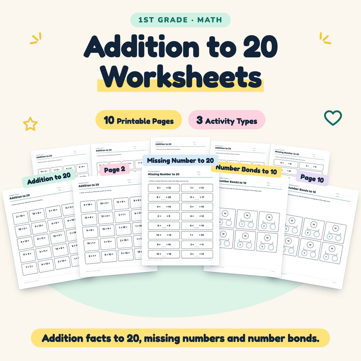 10 Addition to 20 Worksheets - No Prep Math Facts Grade 1 — cover