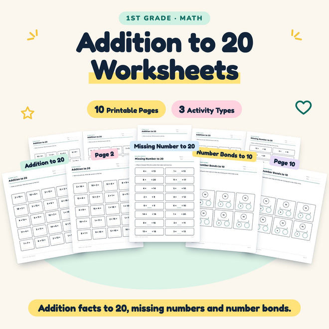 10 Addition to 20 Worksheets - No Prep Math Facts Grade 1 — cover