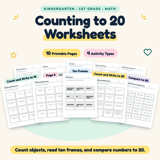 10 Counting to 20 Worksheets - Ten Frames & Count and Write K-1 — cover