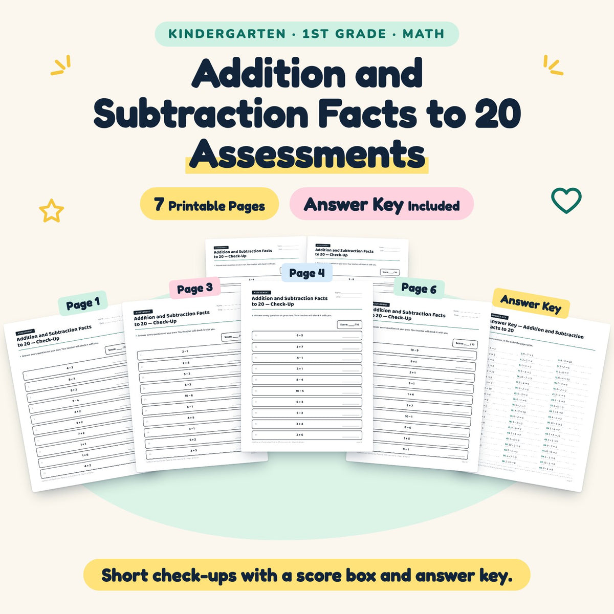 7 Addition and Subtraction Facts to 20 Assessments — cover