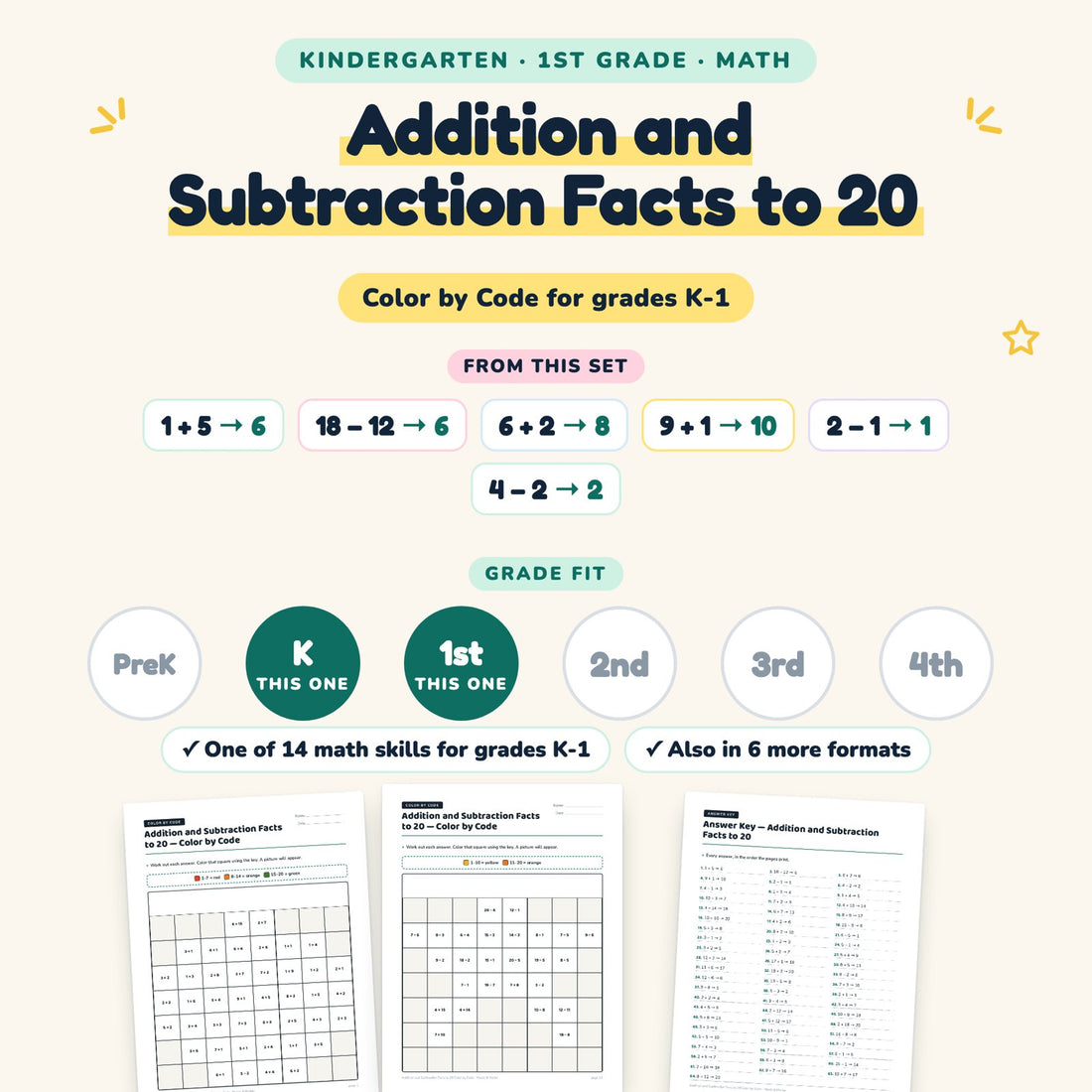 Addition and Subtraction Facts to 20: skill and grade fit