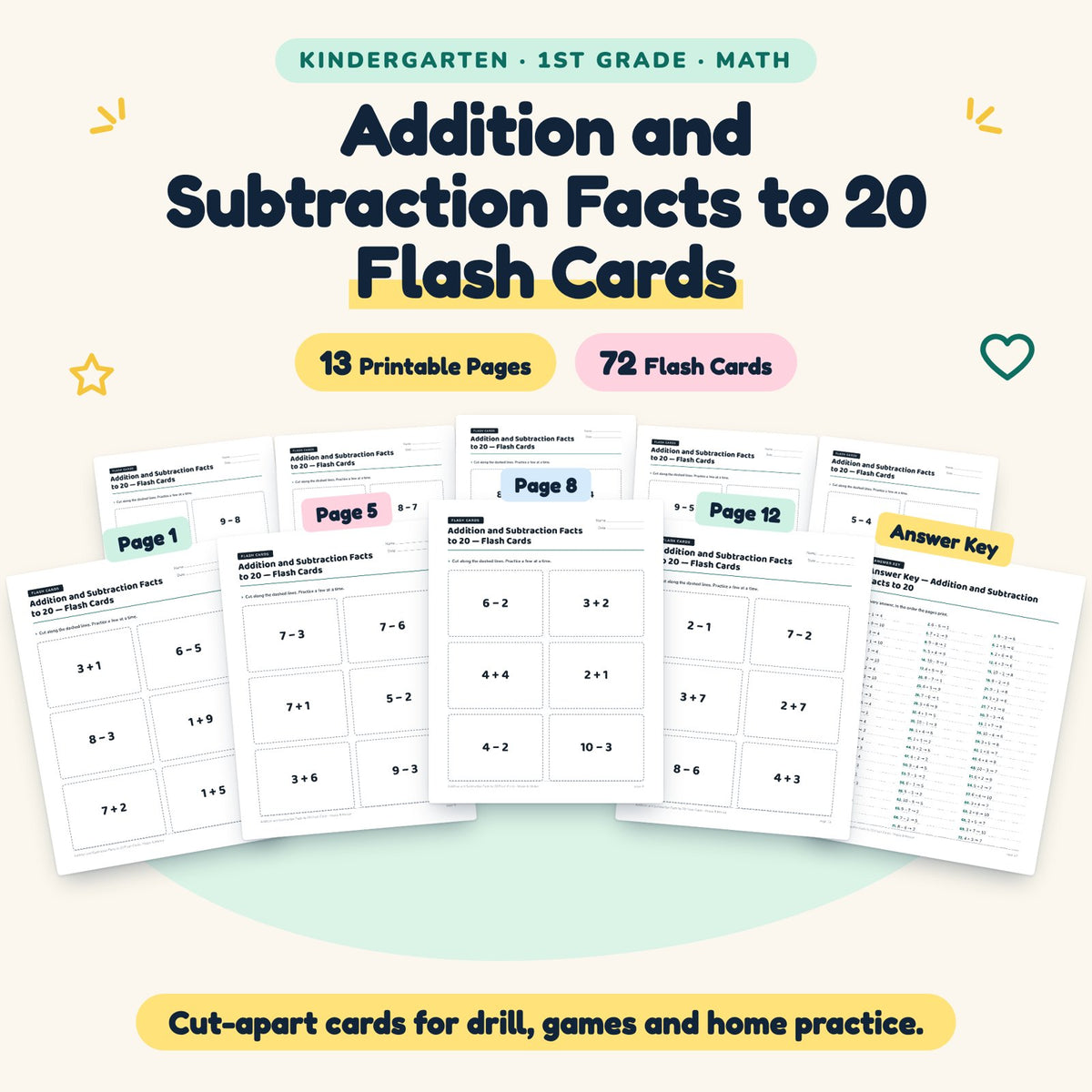 72 Addition and Subtraction Facts to 20 Flash Cards — cover