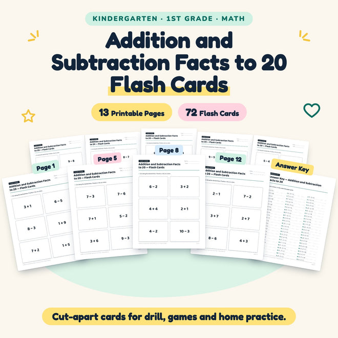 72 Addition and Subtraction Facts to 20 Flash Cards — cover