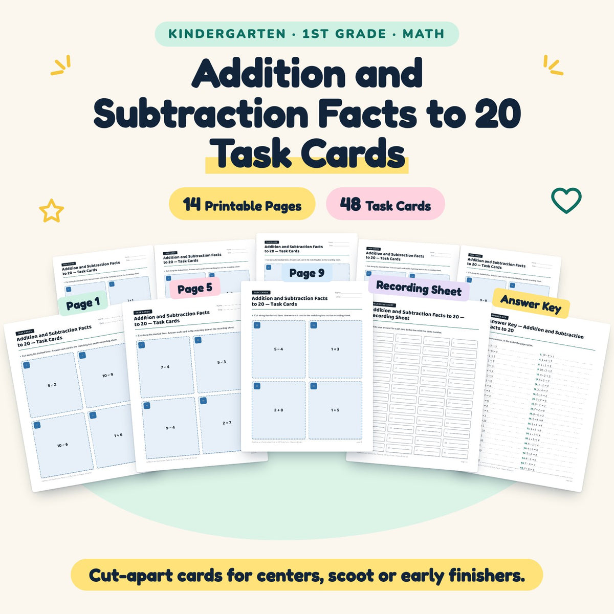 48 Addition and Subtraction Facts to 20 Task Cards — cover