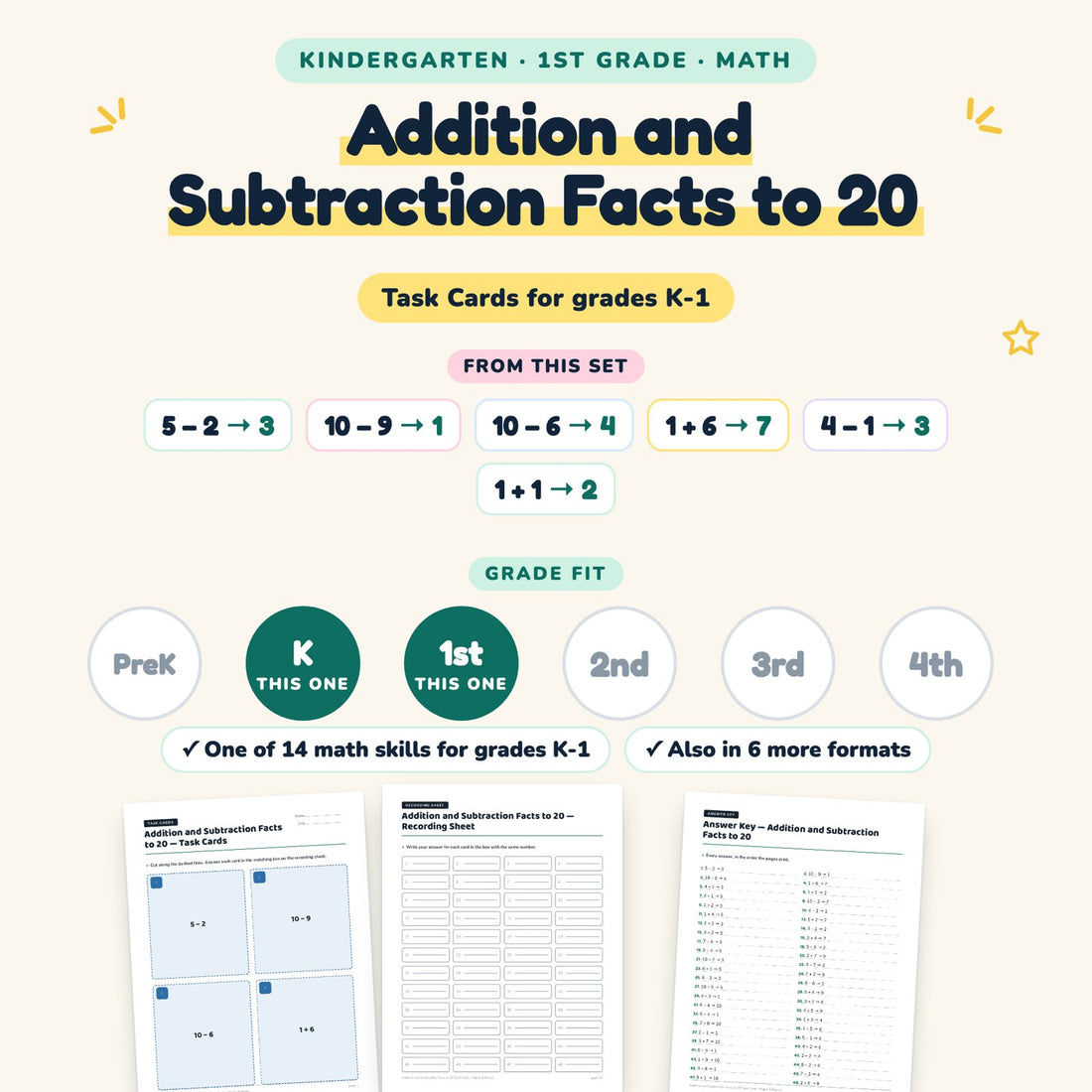 Addition and Subtraction Facts to 20: skill and grade fit