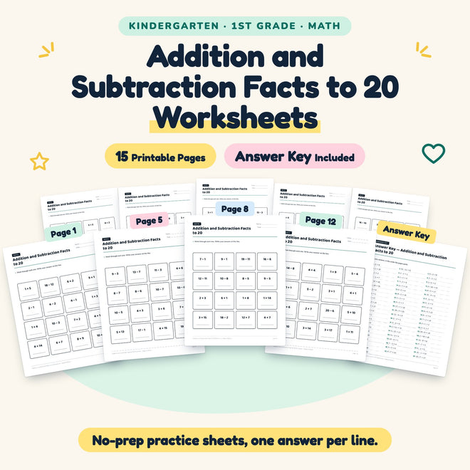 Addition and Subtraction Facts to 20 Worksheets | K–1st Grade — cover