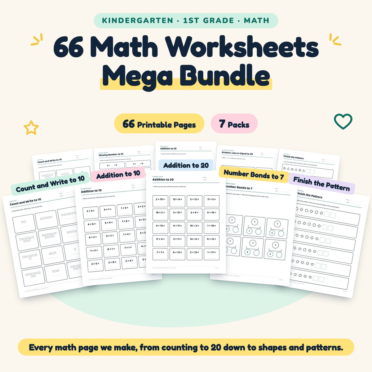 66 Kindergarten Math Worksheets MEGA BUNDLE - Counting, Addition, Subtraction & Shapes — cover