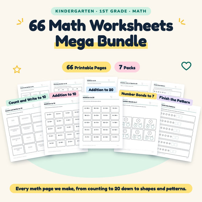 66 Kindergarten Math Worksheets MEGA BUNDLE - Counting, Addition, Subtraction & Shapes — cover