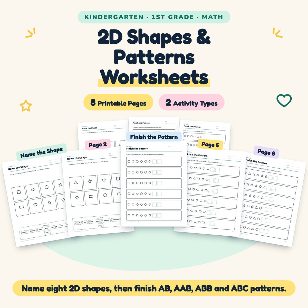 8 2D Shapes and Patterns Worksheets - No Prep Math K-1 — cover