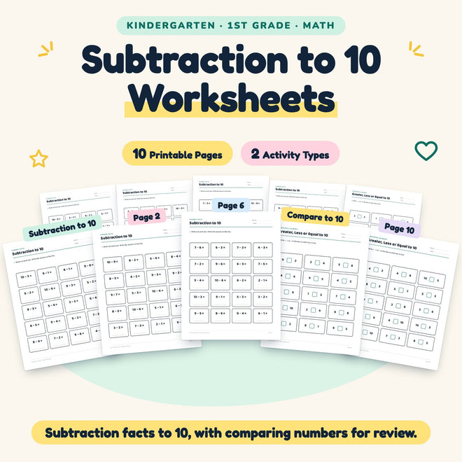 Subtraction to 10 Worksheets | K–1st Grade Math (10 Pages) — cover