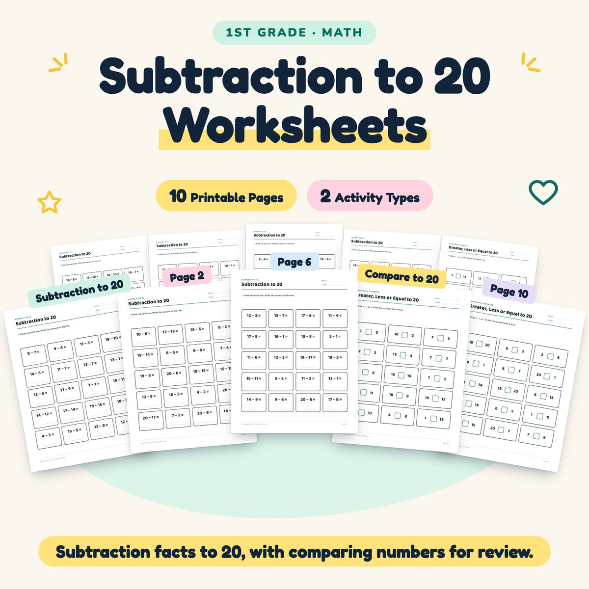 10 Subtraction to 20 Worksheets - No Prep Math Facts Grade 1 — cover