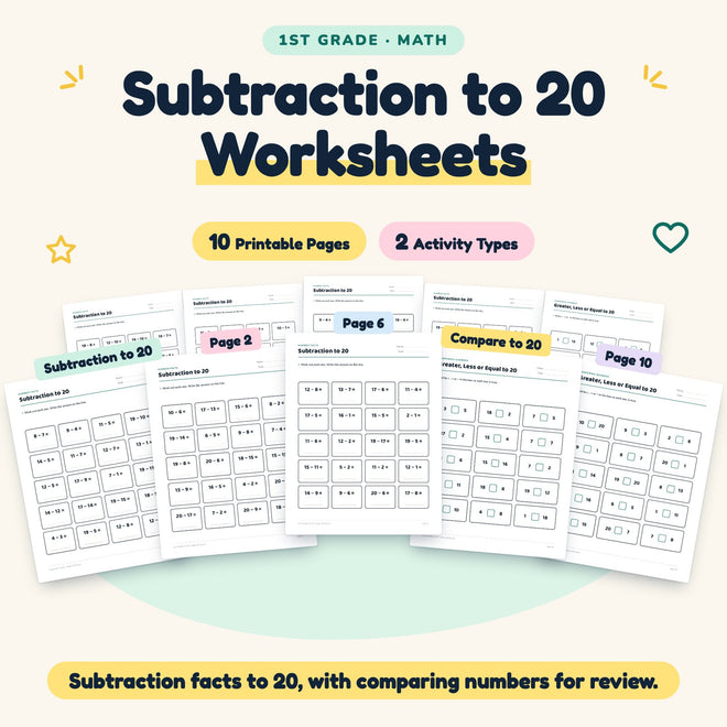 Subtraction to 20 Worksheets | 1st Grade Math (10 Pages) — cover