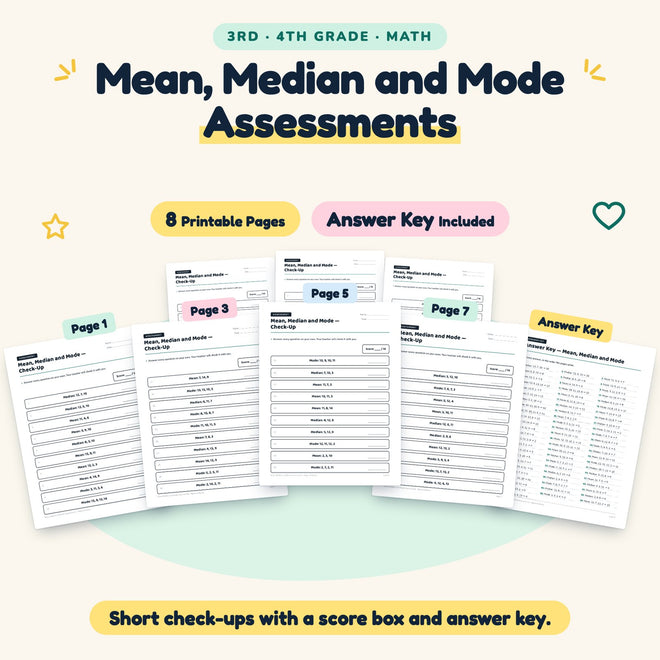 Mean, Median and Mode Assessments | 3rd–4th Grade (7 Pages) — cover