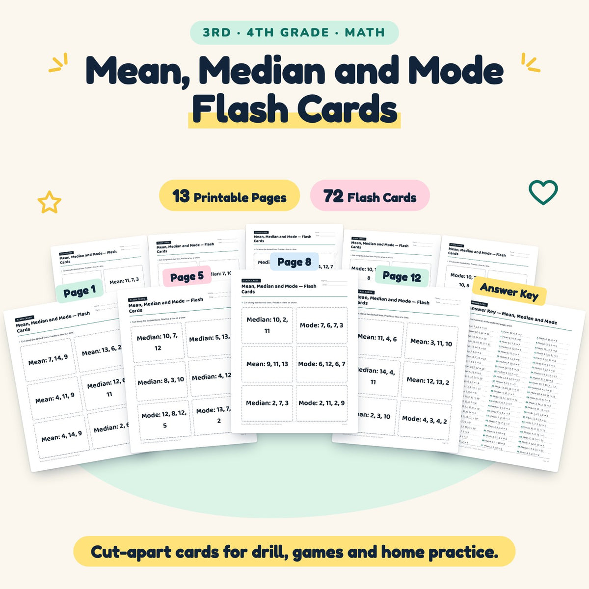 72 Mean, Median and Mode Flash Cards — cover
