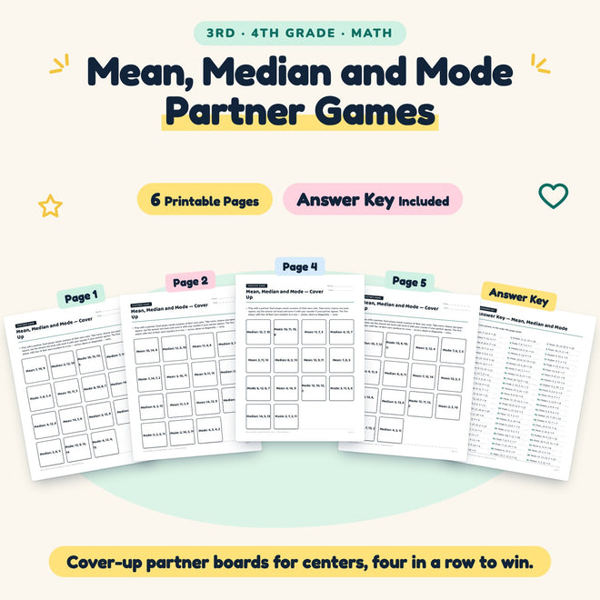 6 Mean, Median and Mode Partner Games — cover