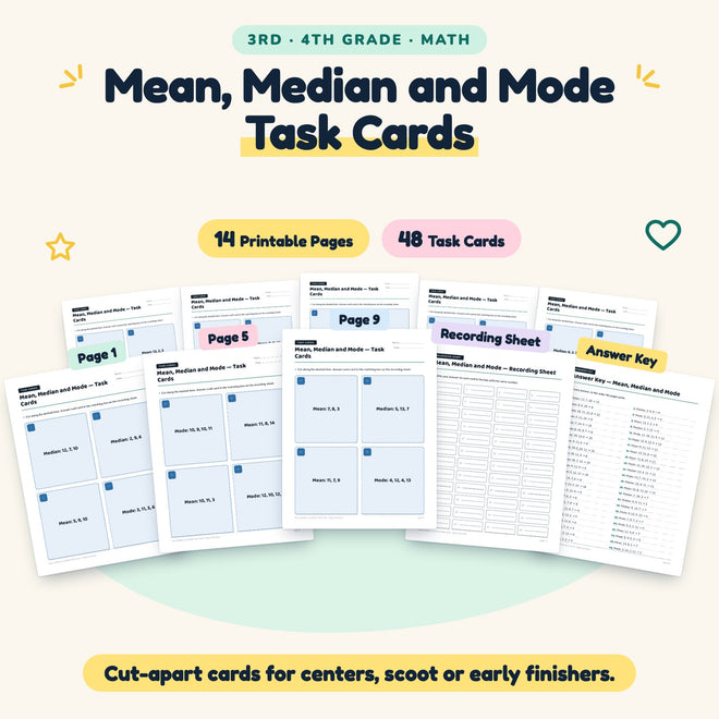 48 Mean, Median and Mode Task Cards — cover