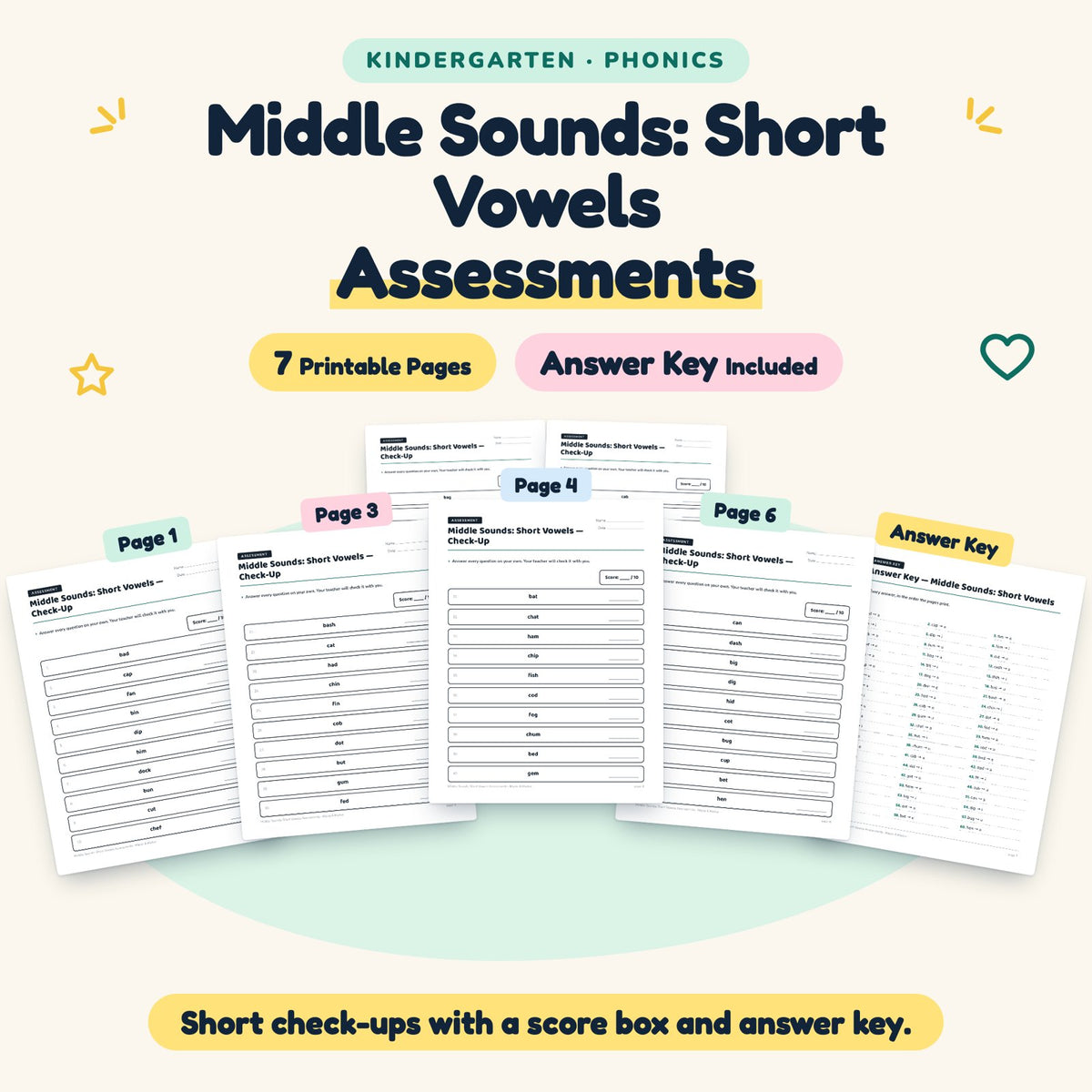 7 Middle Sounds: Short Vowels Assessments — cover