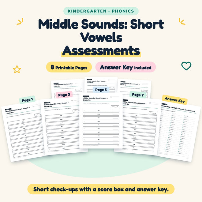 Middle Sounds Assessments | Kindergarten Phonics (7 Pages) — cover