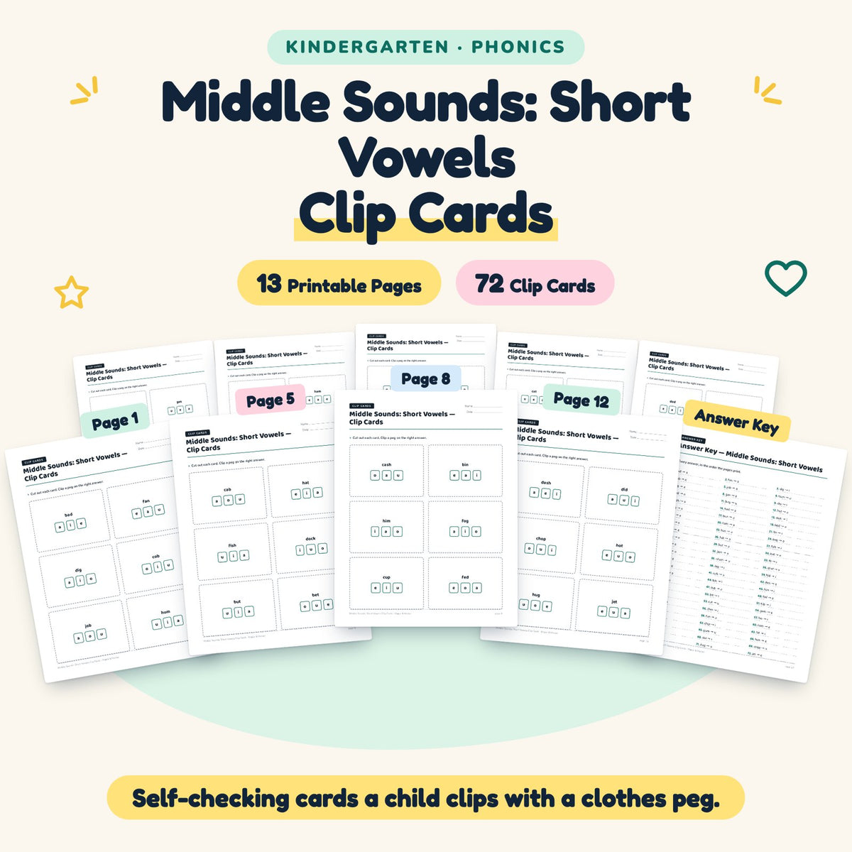 72 Middle Sounds: Short Vowels Clip Cards — cover