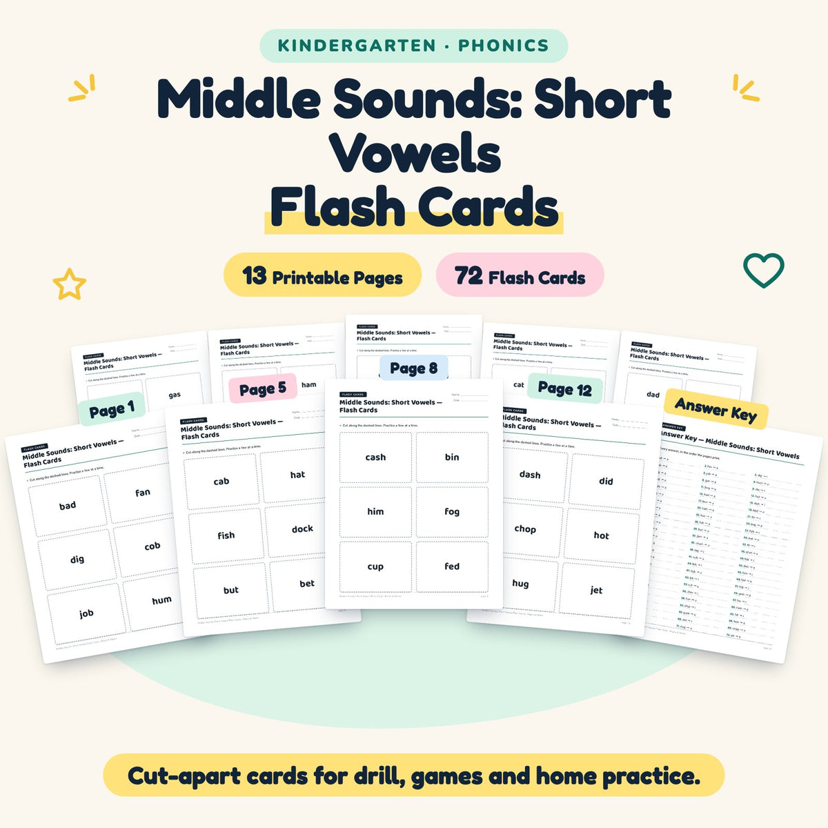 72 Middle Sounds: Short Vowels Flash Cards — cover