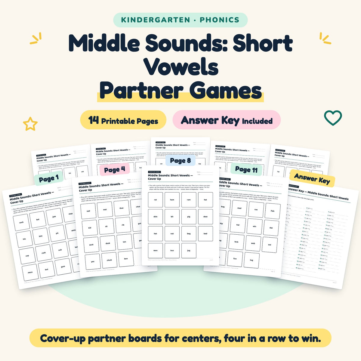 14 Middle Sounds: Short Vowels Partner Games — cover