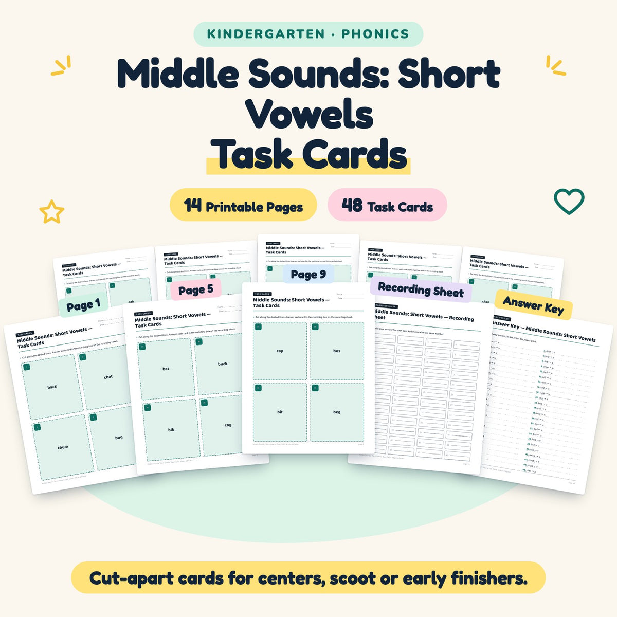 Middle Sounds Task Cards | Kindergarten Phonics (48 Cards) — cover