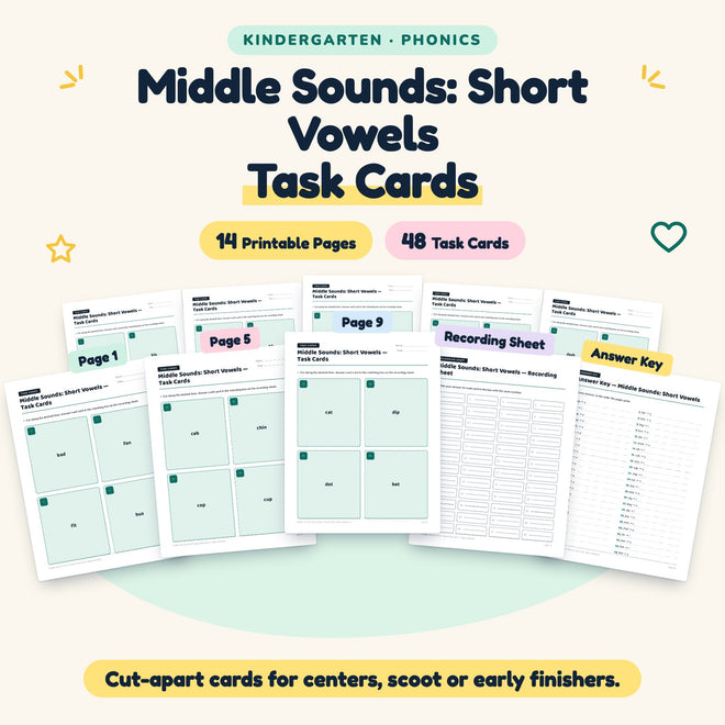 48 Middle Sounds: Short Vowels Task Cards — cover