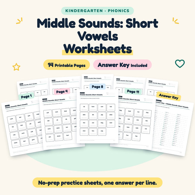 14 Middle Sounds: Short Vowels Worksheets — cover