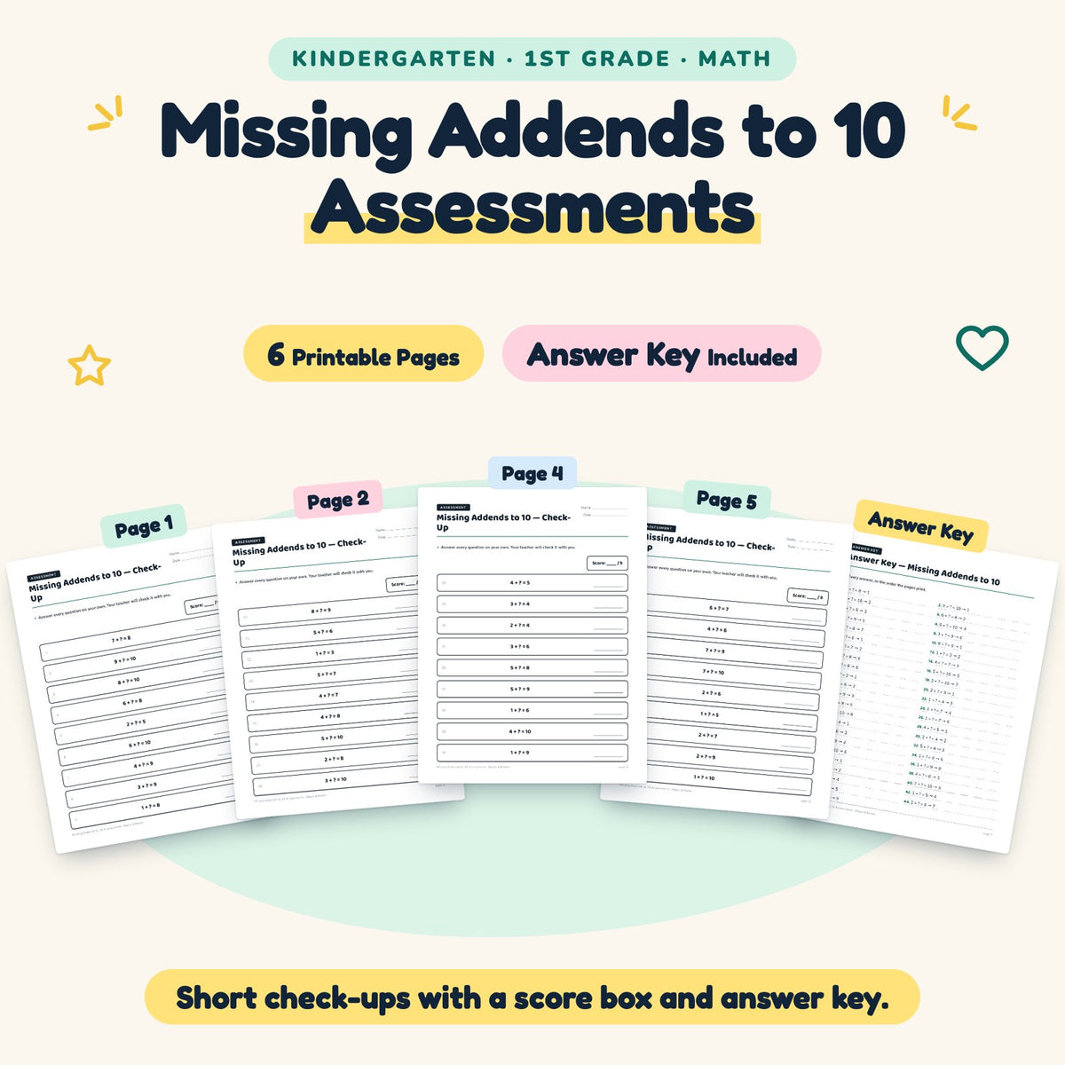 6 Missing Addends to 10 Assessments — cover
