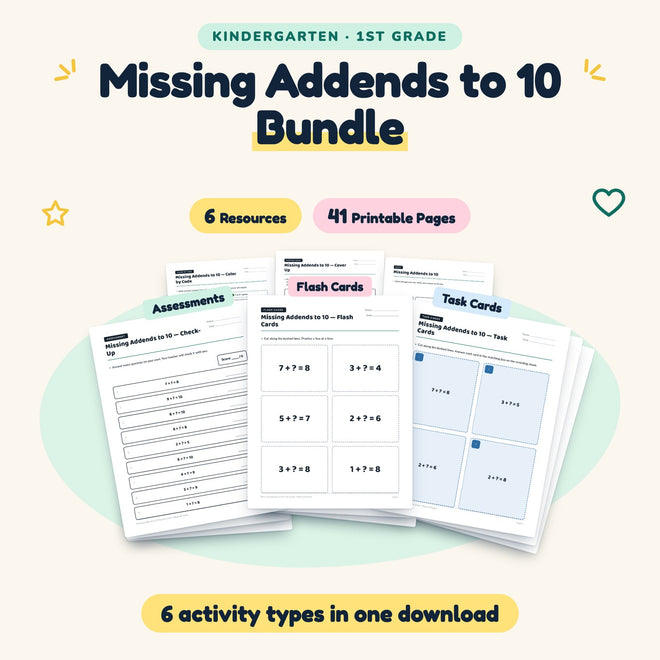 Missing Addends to 10 Bundle | K–1st Grade (6 Resources) — cover