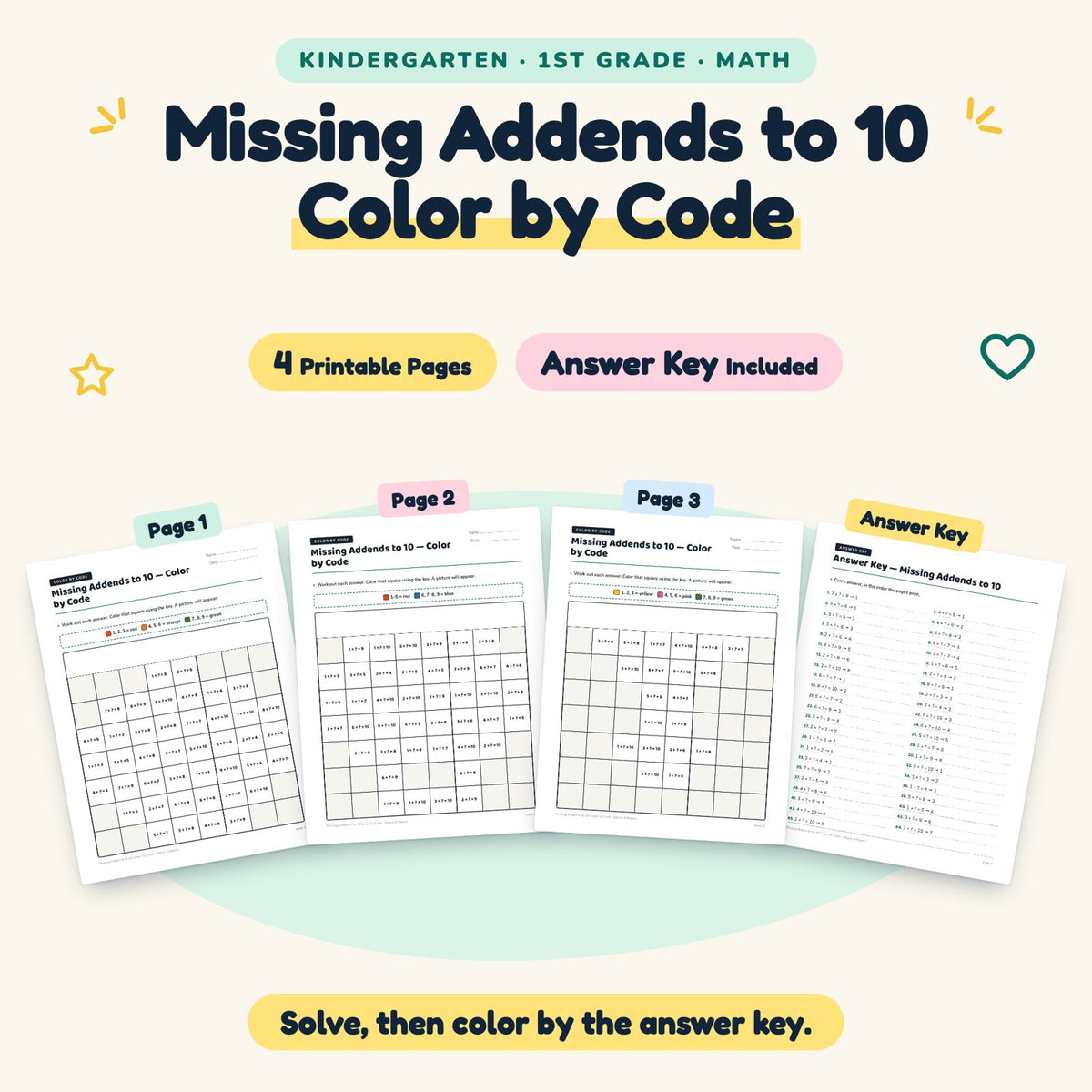 4 Missing Addends to 10 Color by Code — cover