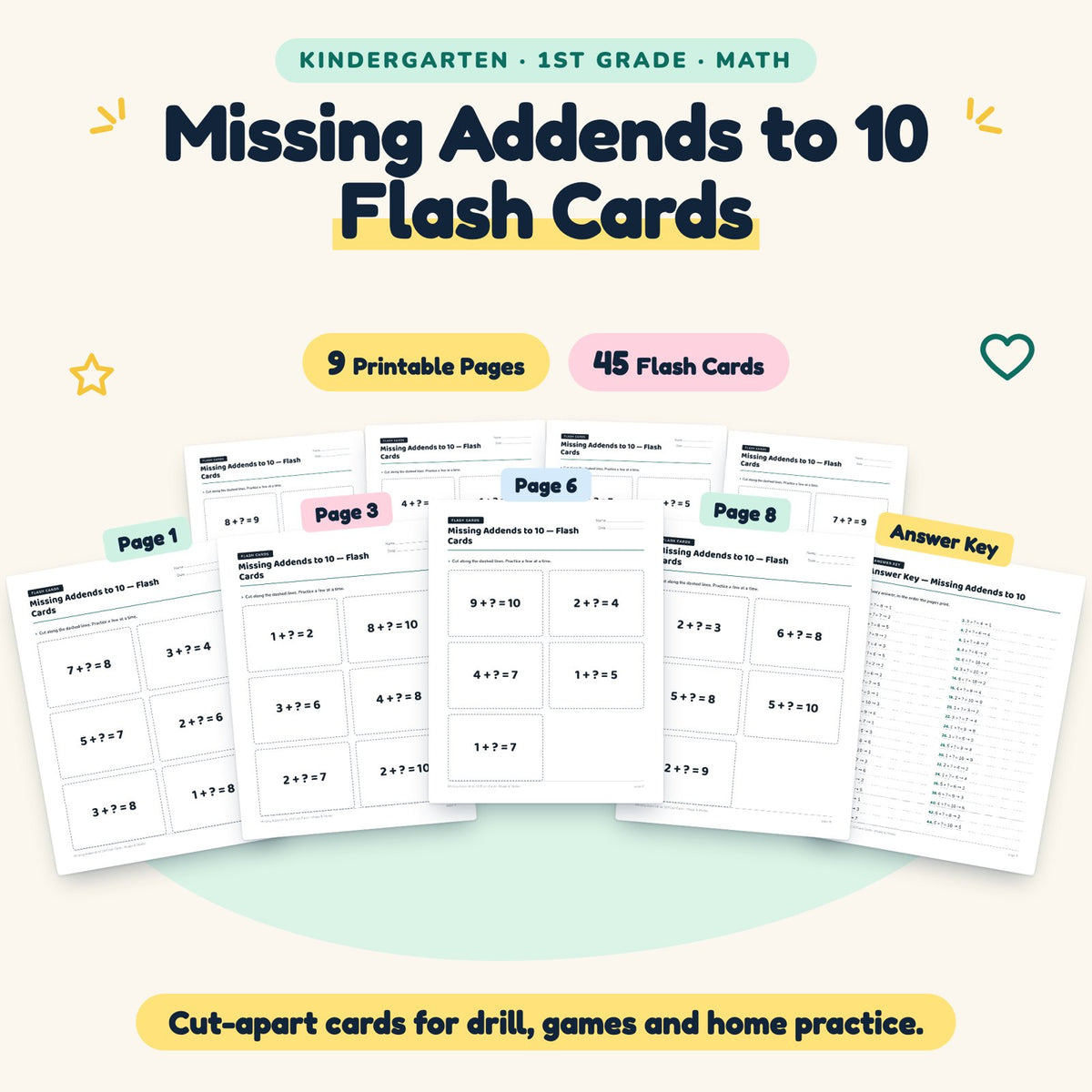 45 Missing Addends to 10 Flash Cards — cover