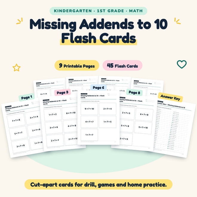 45 Missing Addends to 10 Flash Cards — cover