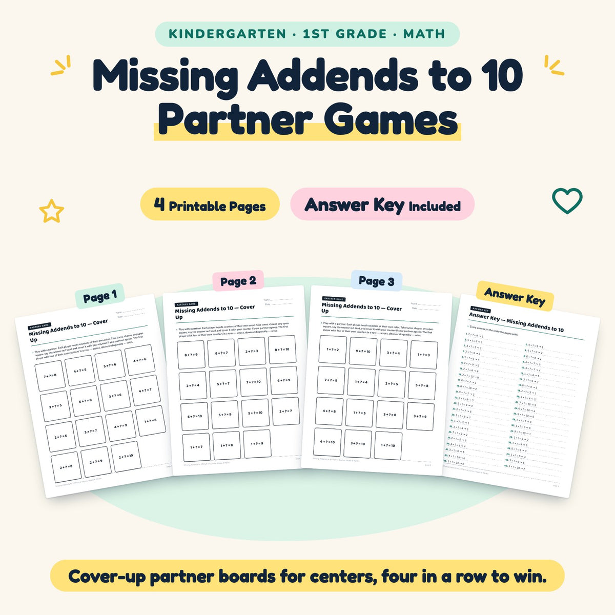 4 Missing Addends to 10 Partner Games — cover