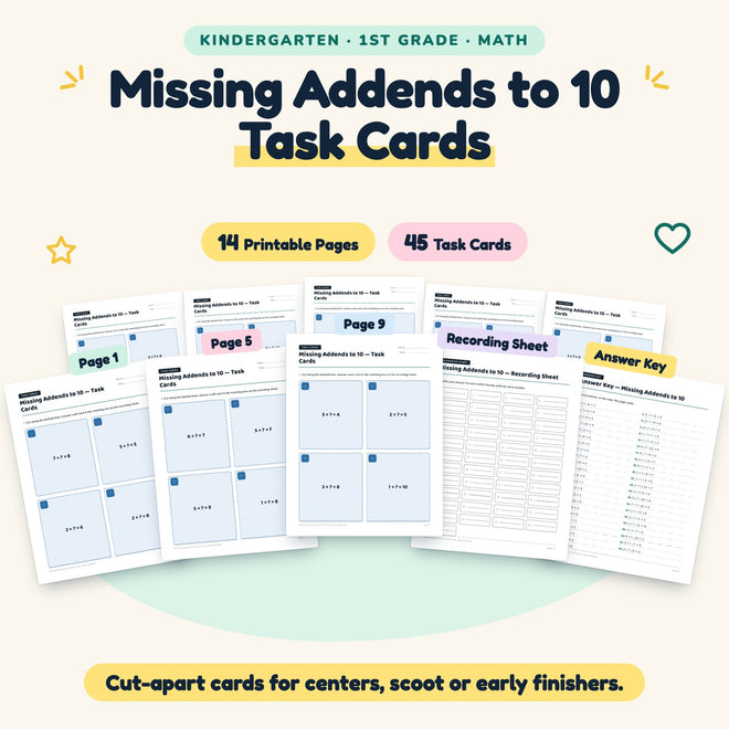 45 Missing Addends to 10 Task Cards — cover