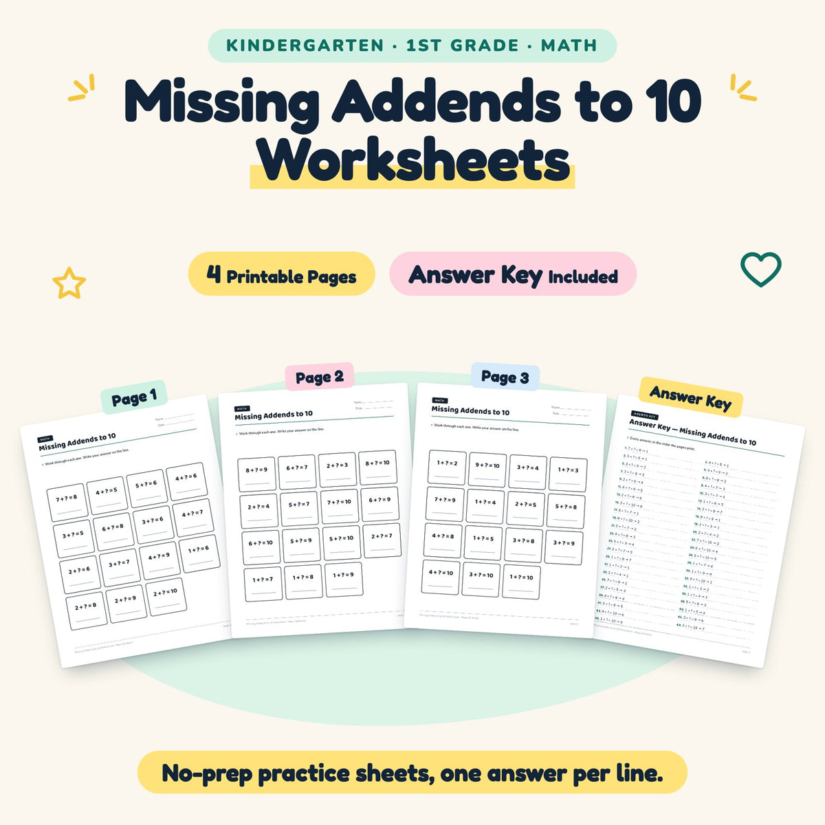4 Missing Addends to 10 Worksheets — cover