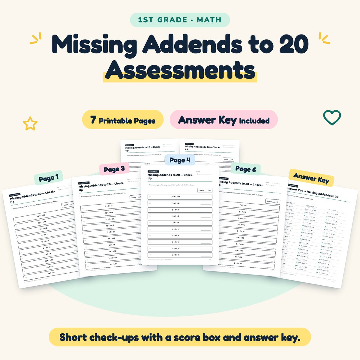 7 Missing Addends to 20 Assessments — cover