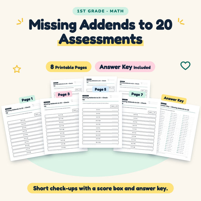 Missing Addends to 20 Assessments | 1st Grade Math (7 Pages) — cover