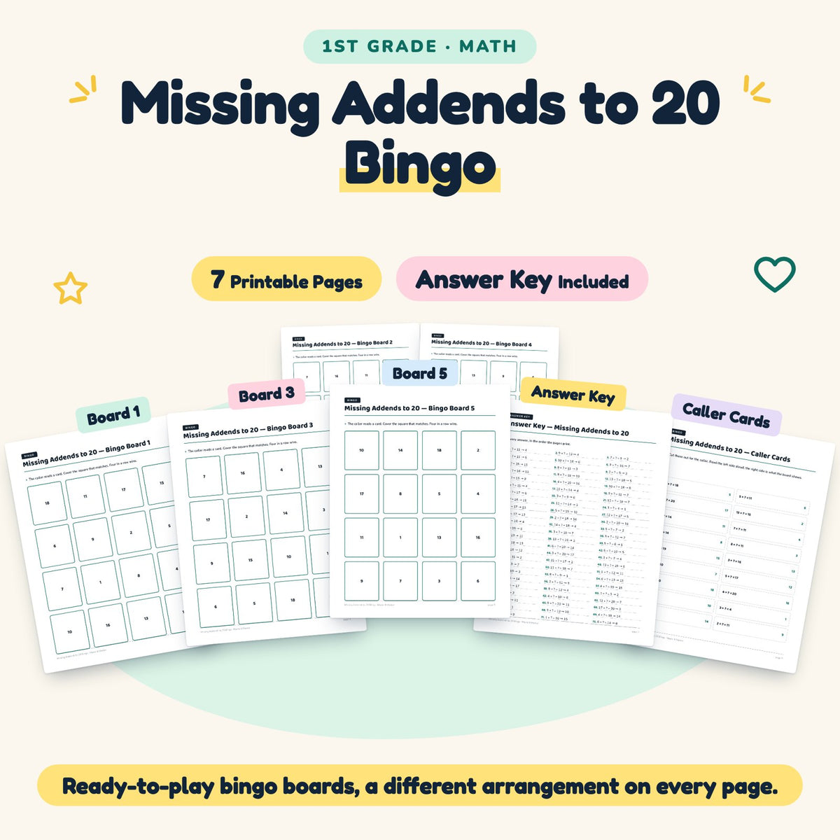 7 Missing Addends to 20 Bingo — cover