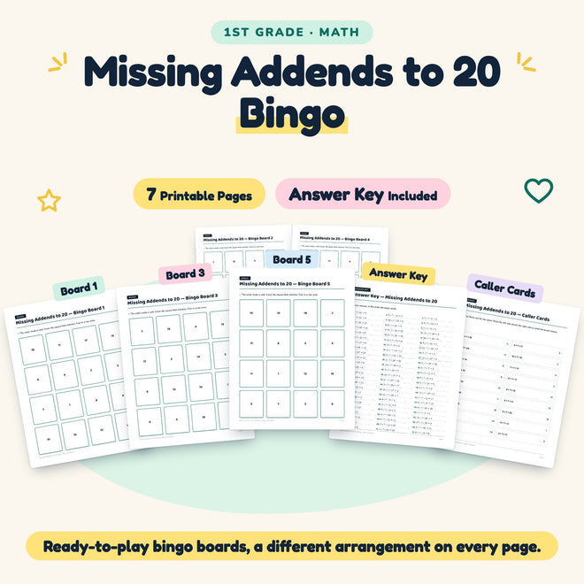 7 Missing Addends to 20 Bingo — cover