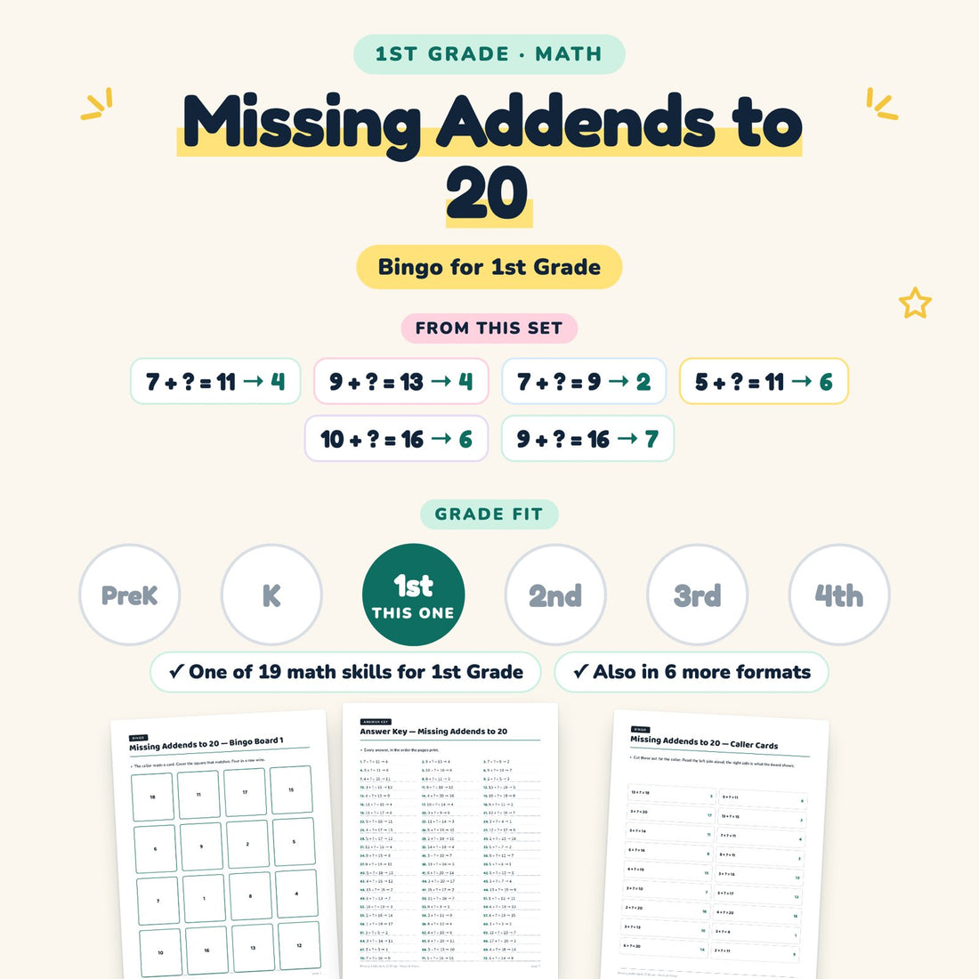 Missing Addends to 20: skill and grade fit