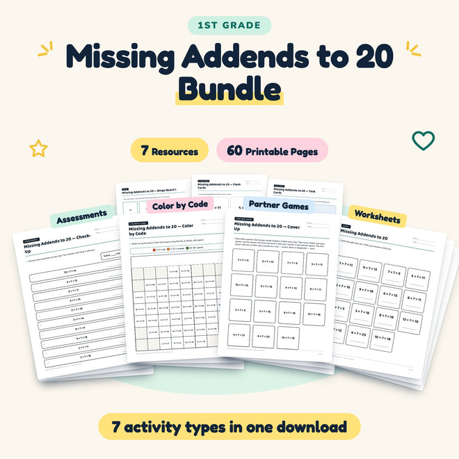 Missing Addends to 20 Bundle | 1st Grade Math (7 Resources) — cover