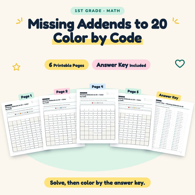 Missing Addends to 20 Color by Code | 1st Grade (6 Pages) — cover