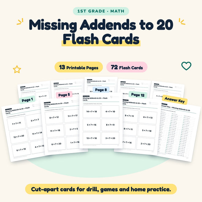 Missing Addends to 20 Flash Cards | 1st Grade (72 Cards) — cover